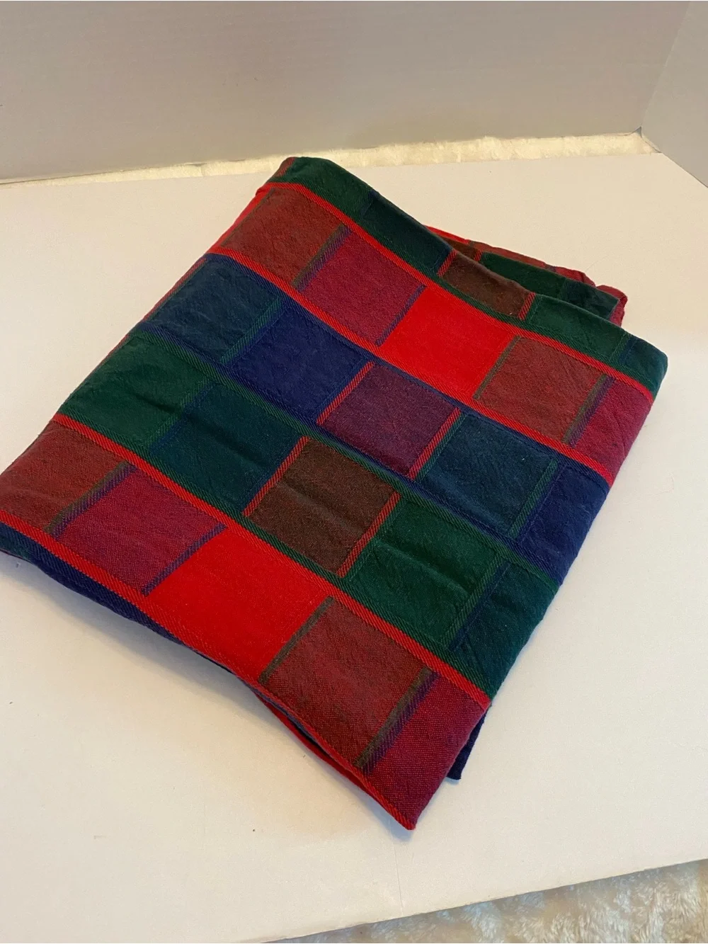 Vintage Tablecloth Bold Checkerboard Plaid 48” X 48’ Square Red Green Blue